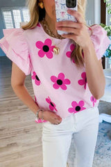 Floral Ruffled Sleeve Round Neck Striped Blouse Top image 3