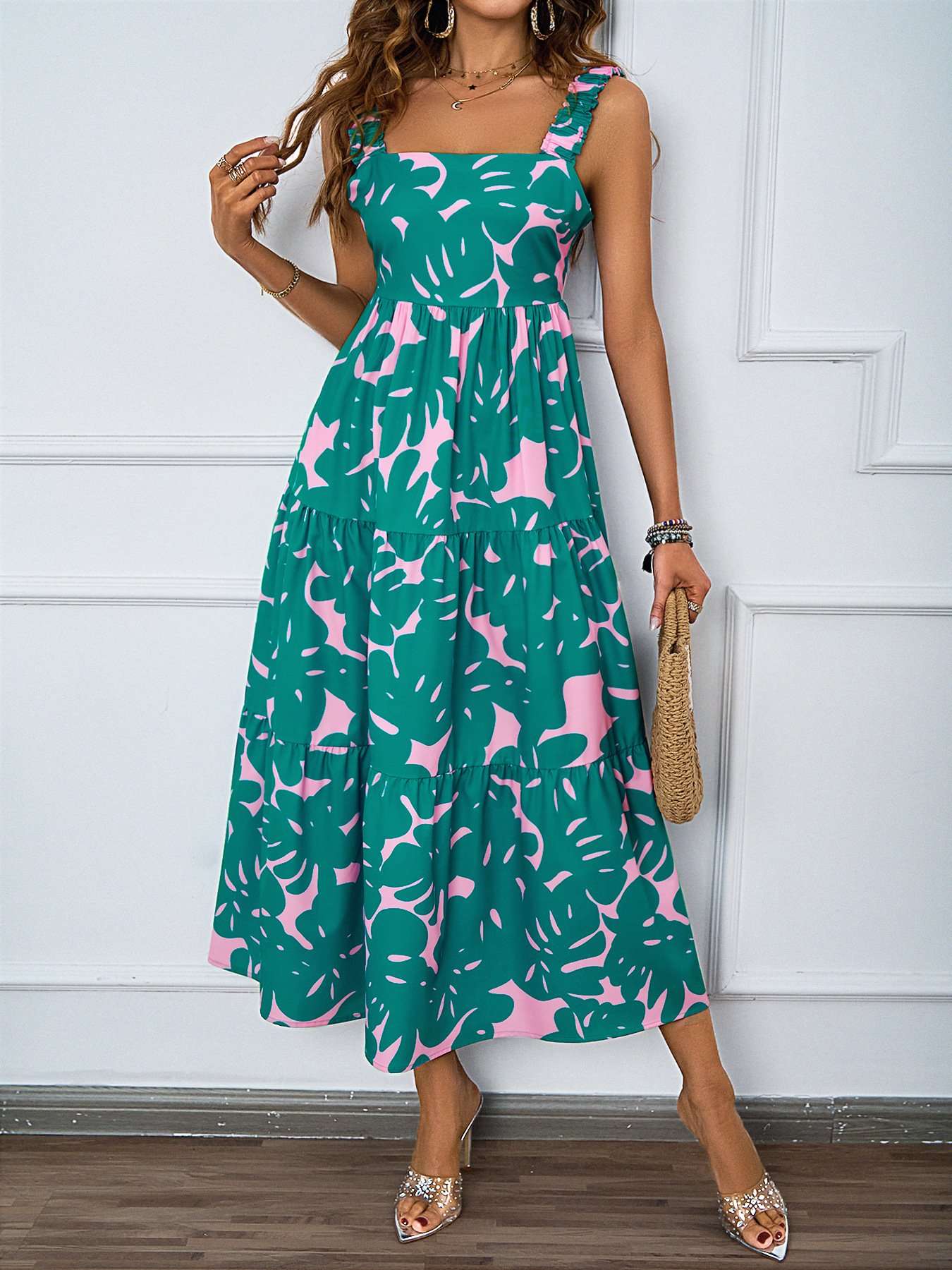 Tropical Leaf Print Ruffle Strap Midi Dress - M, Multi Green image