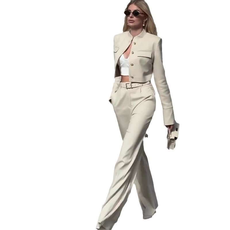 Long-sleeved Top Wide-leg Pants Suit - S, Light Beige image