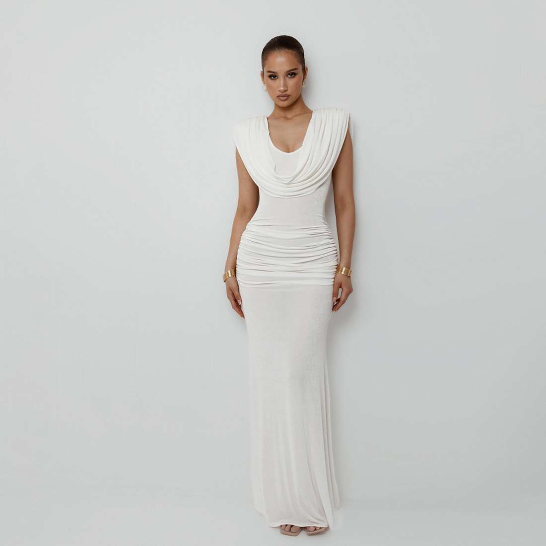 Backless Maxi Dress with Draped Detail - M, White image