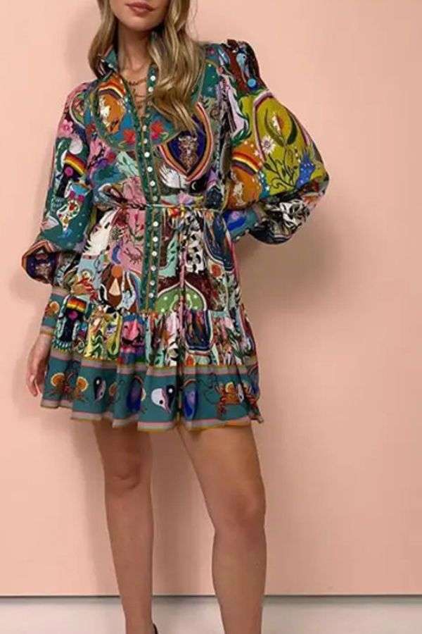 Graffiti Print Holiday Vacation Dress - XL, Multi Blue image