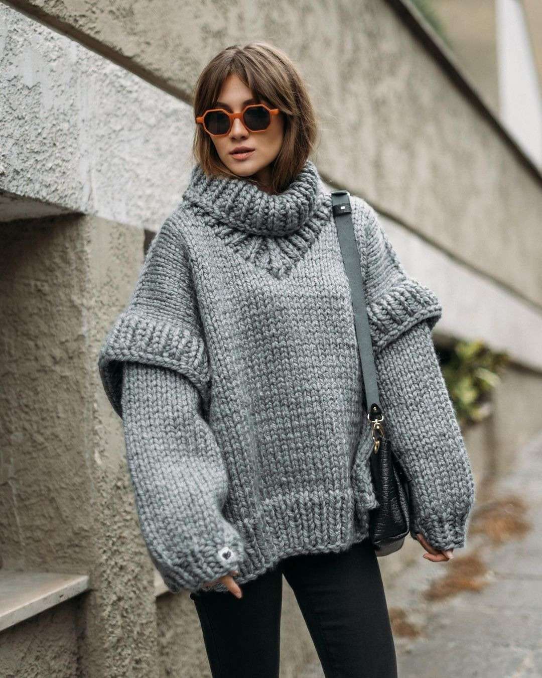 Casual Solid Turtleneck Sweaters - L, Grey image