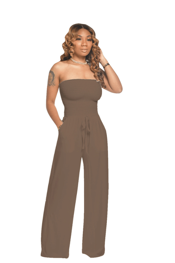 Women's Casual Off Shoulder Solid Color Strapless Belted Wide Leg Jumpsuit Romper with Pockets image 5