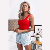 Square Neck Sleeveless Ribbed Crop Top - L, Red image