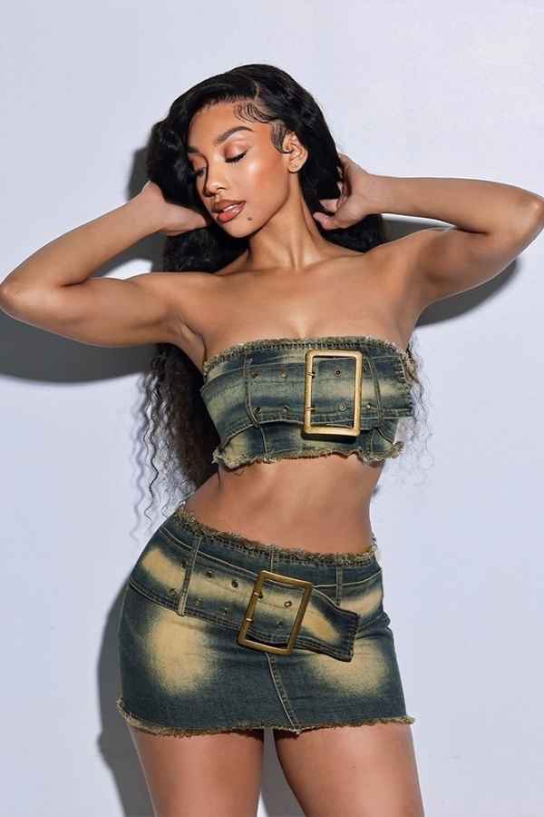 Belt Detail Off Shoulder Crop Top Denim Mini Skirt Set image 0