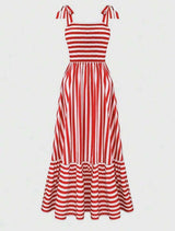 Striped Tie-Shoulder Maxi Dress - L, Red image