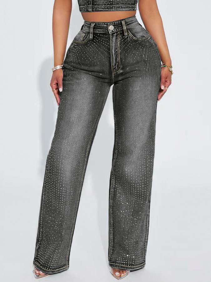 Rhinestone-Embellished Wide-Leg Jeans - M, Black image