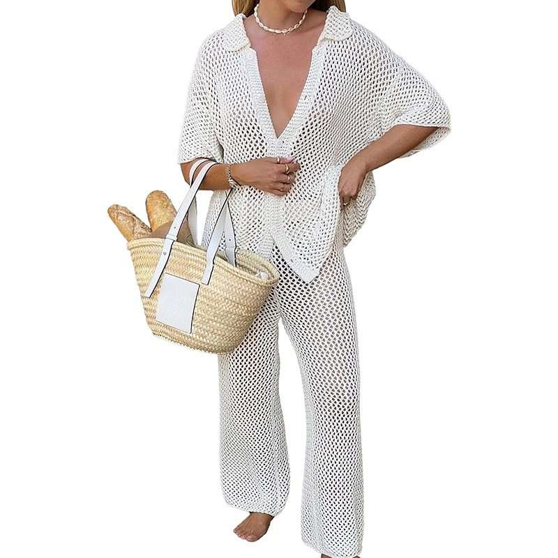 Chic White Open-Knit Beachwear Set - L, White image