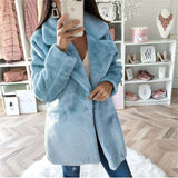 Front Pockets Lapel Neck Fuzzy Jacket - S, Blue image