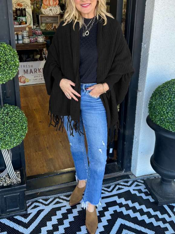 Tassel Cardigan Wrap Open Front Poncho Sweater - Free Size, Black image