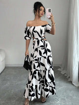 Leaf Print Off-Shoulder Maxi Dress - S, Black image