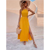 Maxi Dress with Side Slit & Spaghetti Straps - M, Yellow image