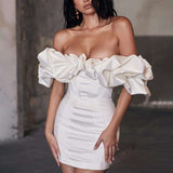 Off-Shoulder Ruffled Sleeve Bodycon Dress - S, White image