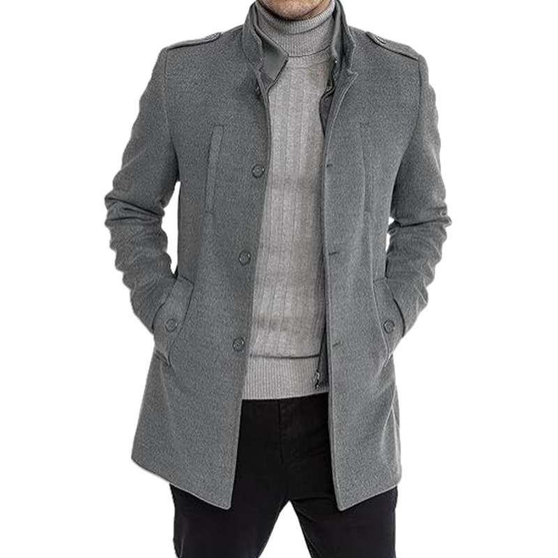 Stand Collar Long Sleeve Mens Trench Coat - L, Grey image