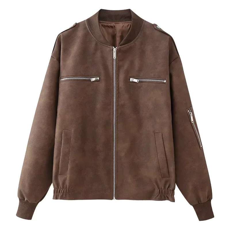Casual Long Sleeve Bomber Jacket - L, Brown image