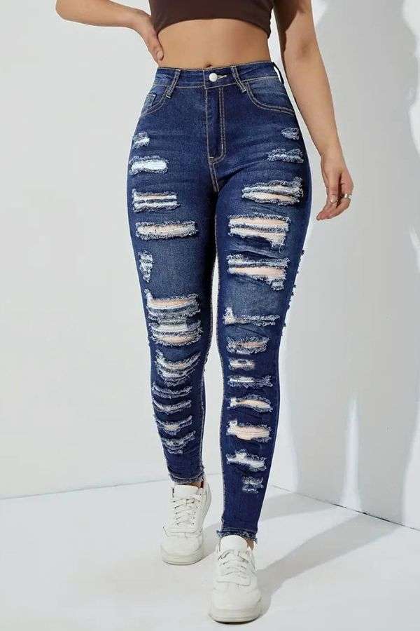 High-Waisted Distressed Skinny Jeans - S, Blue image
