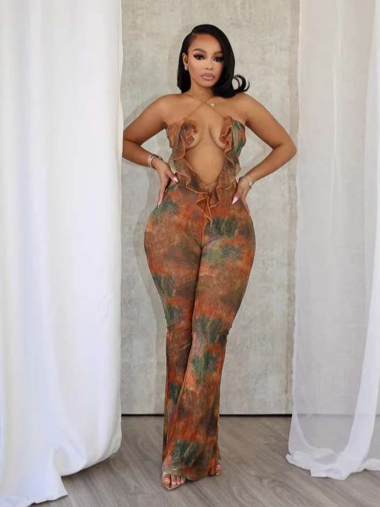 Marble-Print Halter-Style Jumpsuit - L, Brown image