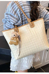 Woven Tote Bag with Teddy Bear Charm image 0