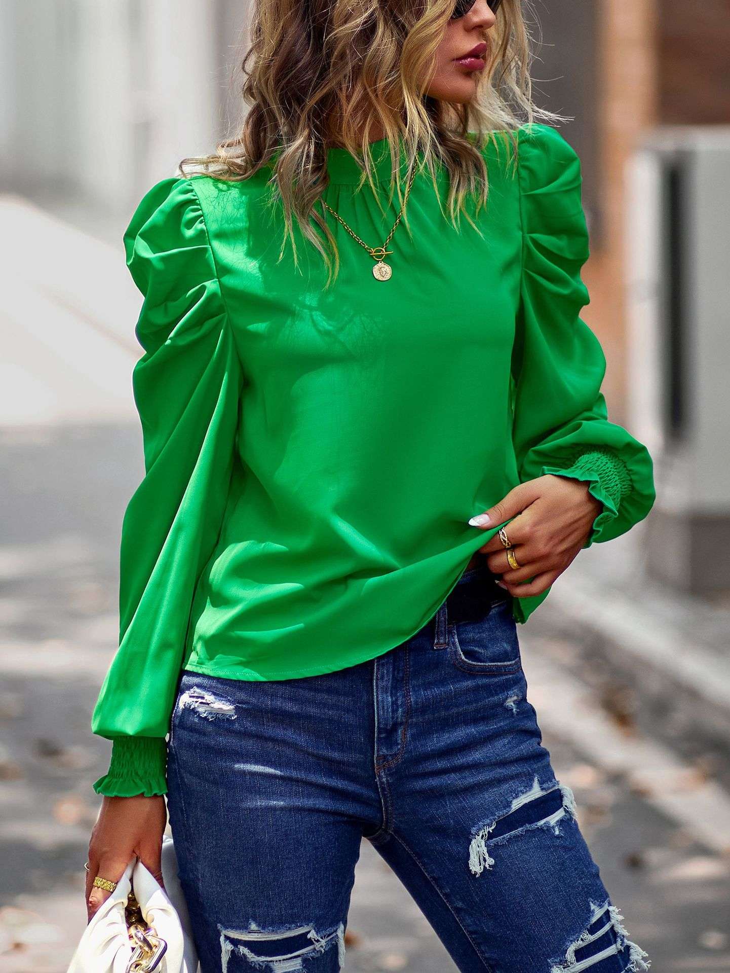 Mock Neck Puff Long Sleeve Casual Top - XL, Green image