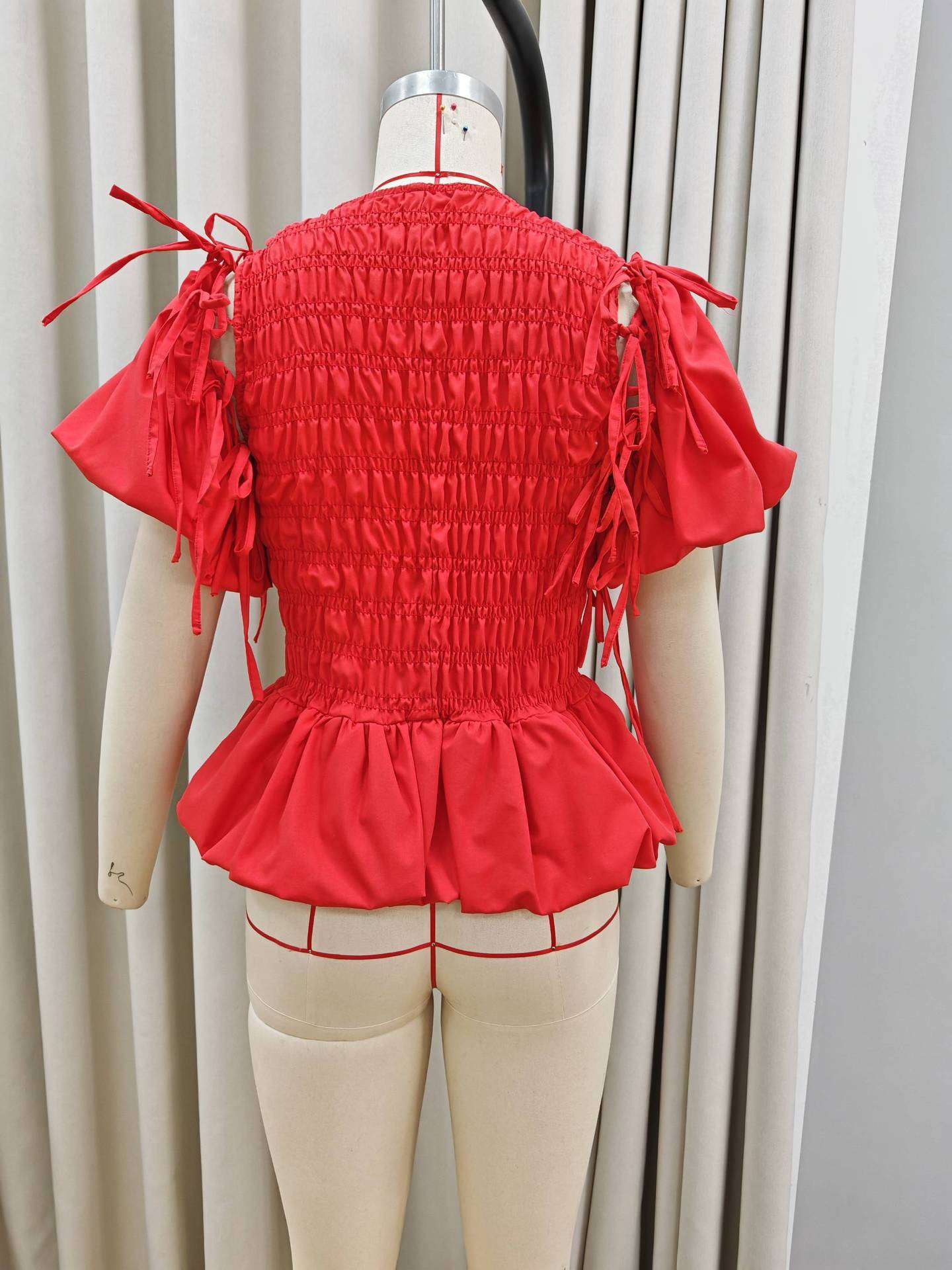 Red Smocked Puff-Sleeve Blouse image 4