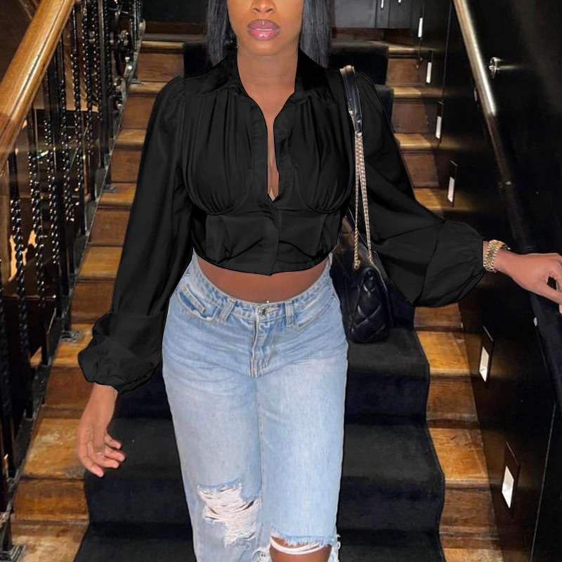 Fashion Long Sleeve Slim Fit Short Blouse - S, Black image