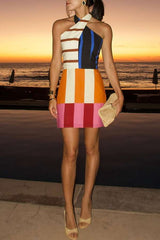 Colorful Striped Halter Dress - M, Orange image