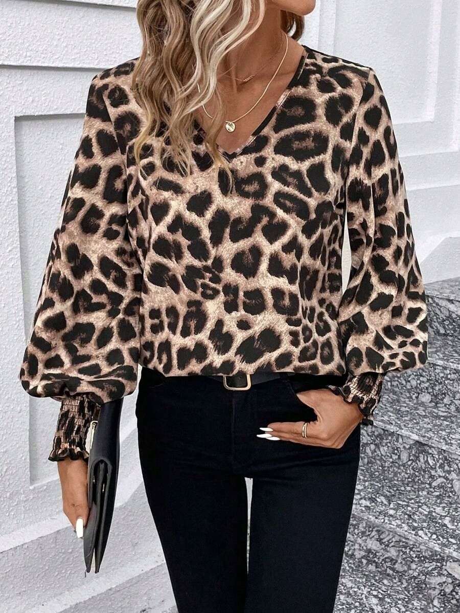 Leopard Print Long Sleeve Top - M, Brown image