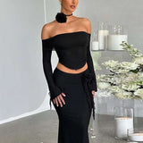 Off-Shoulder Top With Pencil Maxi Length Skirt - M, Black image