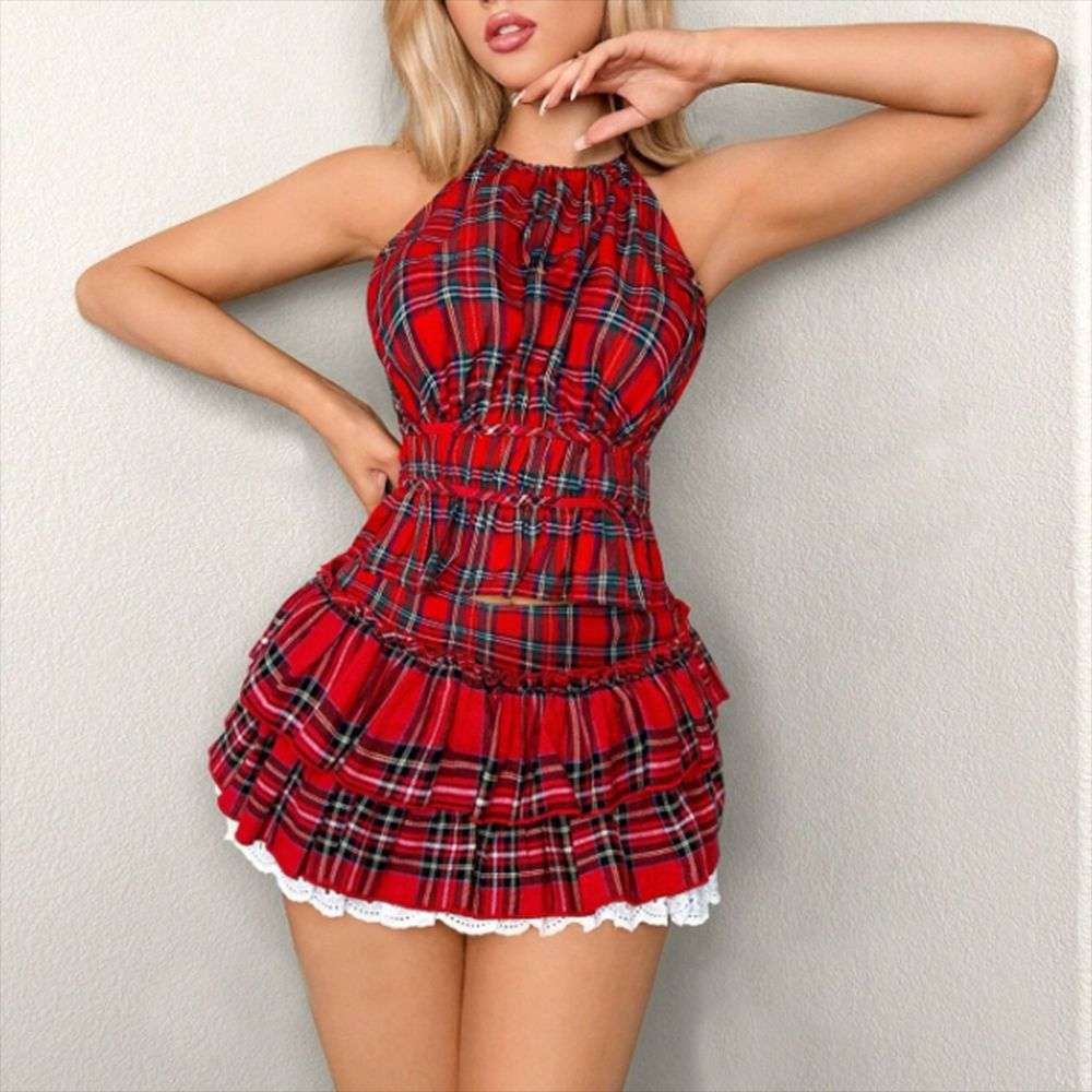 Halter Backless Crop Top  Mini Skirt Set - L, Red image