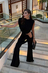 Draped Cropped Top & Wide-Leg Pants - L, Black image