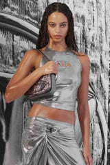 Sexy Halter Neck Metallic Sleeveless Fashion Crop Top image 0