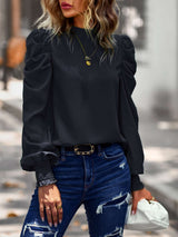 Mock Neck Puff Long Sleeve Casual Top - L, Black image