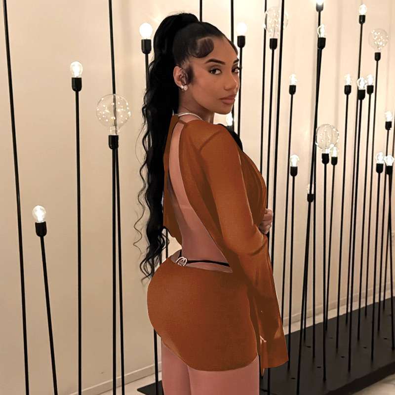 Deep V-Front Drape Dress with Flared Sleeves - L, Brown image