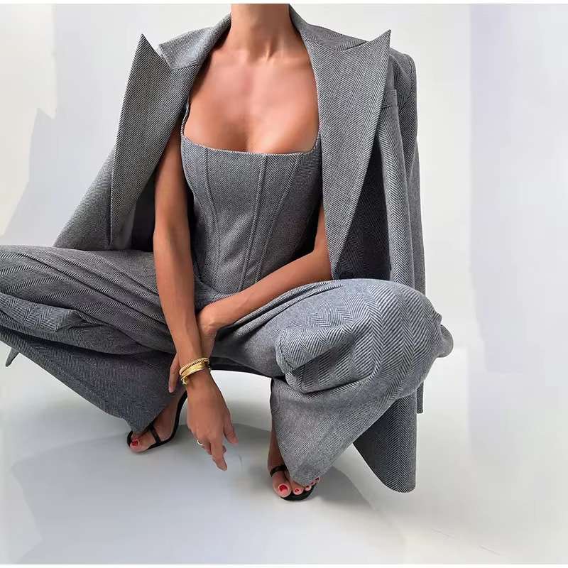 Casual Solid Womens Blazer Coats Pants Sets - M, Grey image