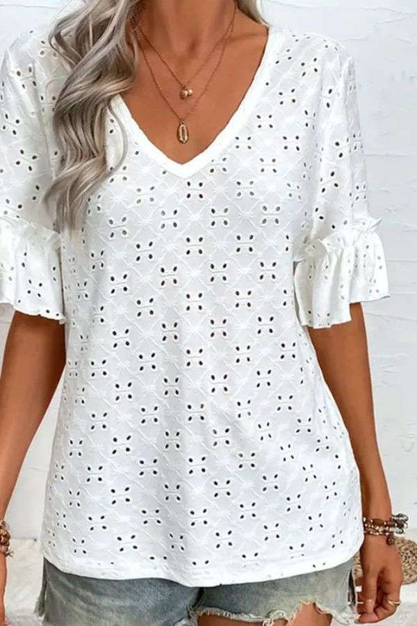 Eyelet V-Neck Top with Rolled Sleeves image 0