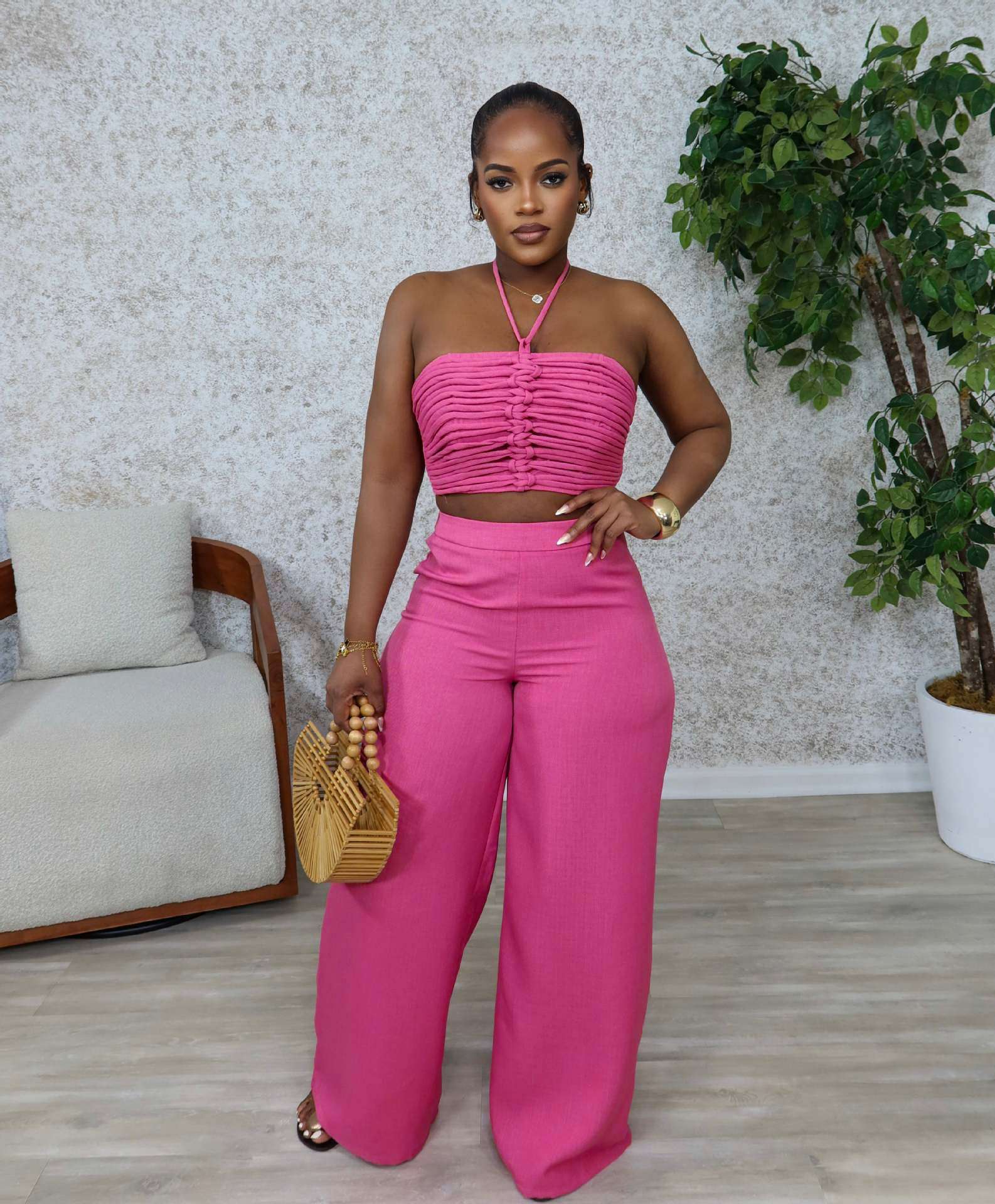 Two-Piece Strapless Crop Top & Wide-Leg Pants - S, Pink image