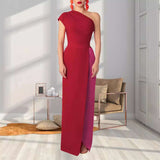 Elegant Two-Tone One-Shoulder Evening Gown - M, Red image