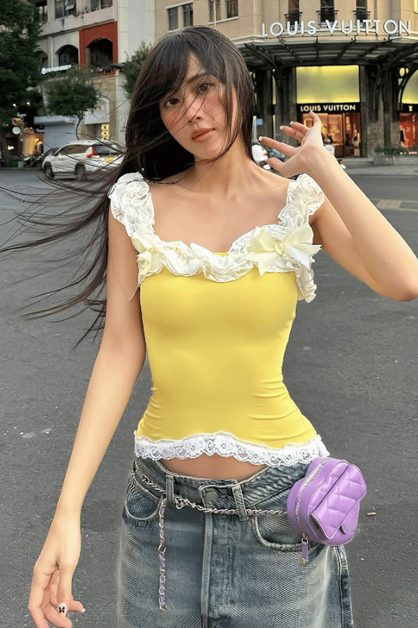 Lace Panel Ruffled-Trim Bow Accent Slim-Fit Crop Tank Top image 0