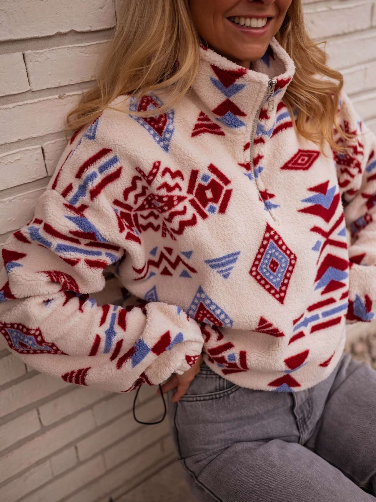 Cozy Geometric Pattern Fleece Pullover image 1