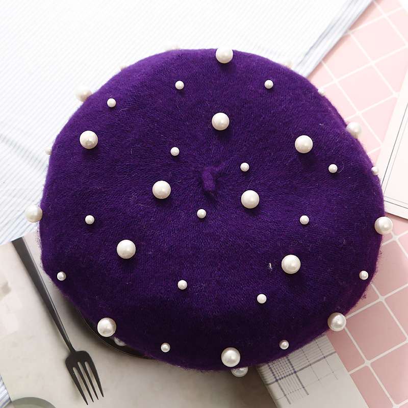 Embellishment Beaded Studs Crochet Cashmere Beret Cap - Free Size, Purple image