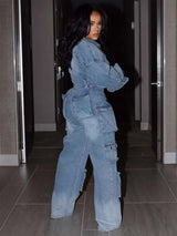 Wave Sleeve Button Up Cargo Denim Jumpsuit image 2
