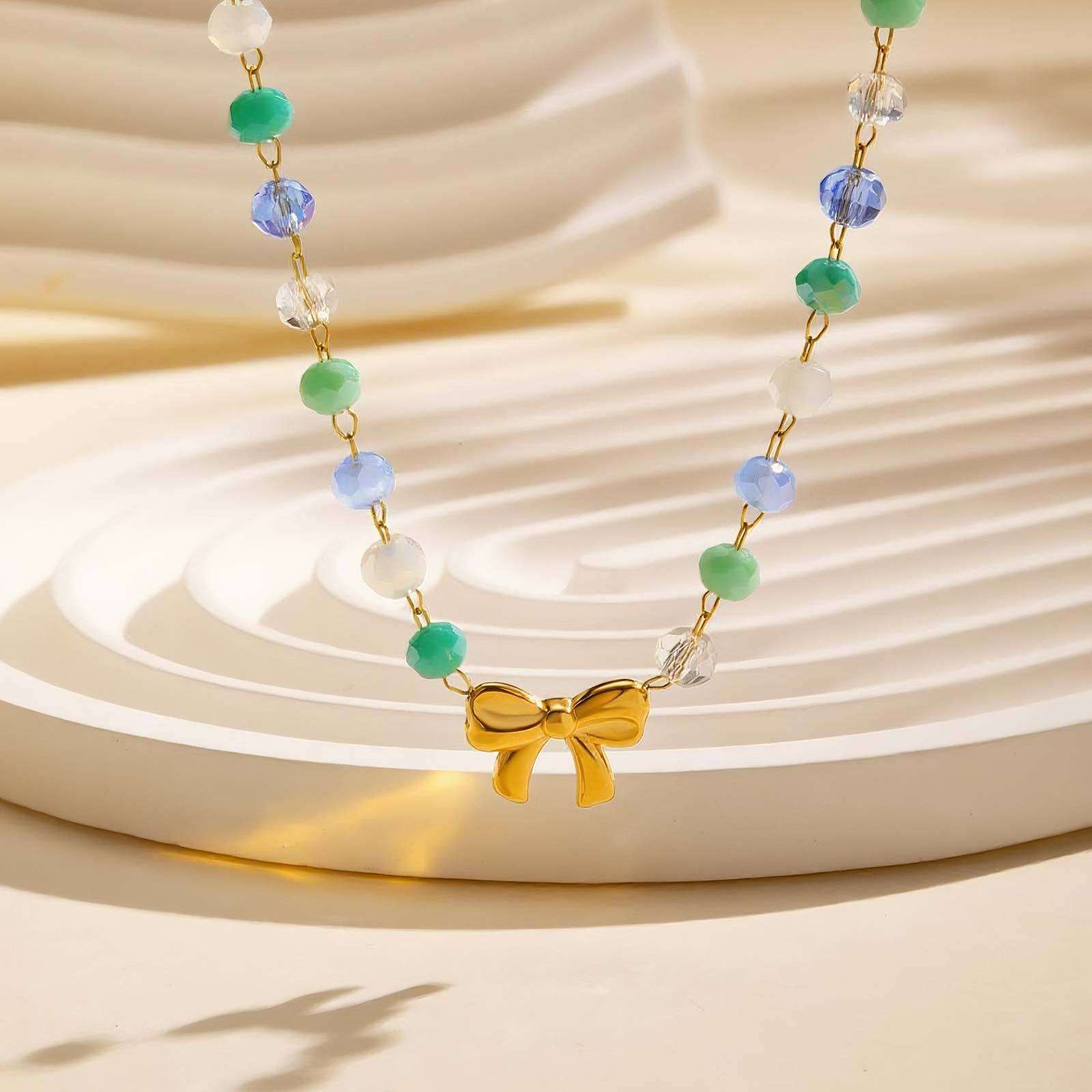 Beaded Necklace with Gold Bow Pendant image 1