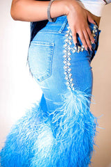 Faux Fur Flared Jeans with Detailing image 4