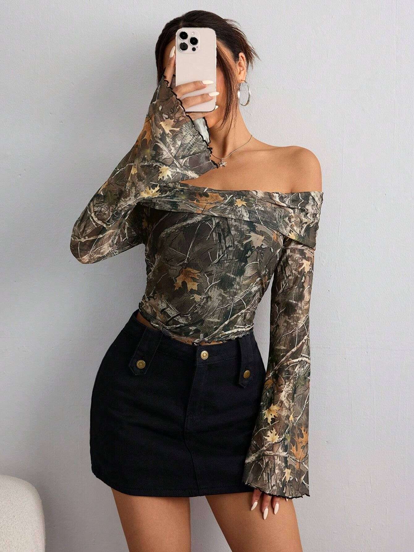Off Shoulder Camo Long Bell Sleeve Crop Top image 1