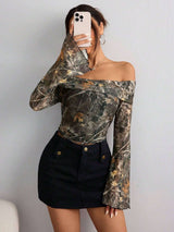 Off Shoulder Camo Long Bell Sleeve Crop Top image 1