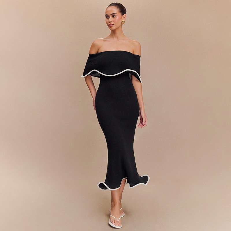 Off-Shoulder Black Bodycon Midi Dress image 1