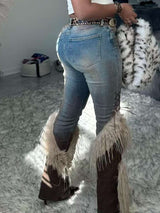 Unique Distressed Jeans with Faux Fur &amp; Lace-Up Details image 5