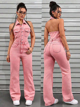 Backless Cargo Denim Jumpsuit - S, Pink image