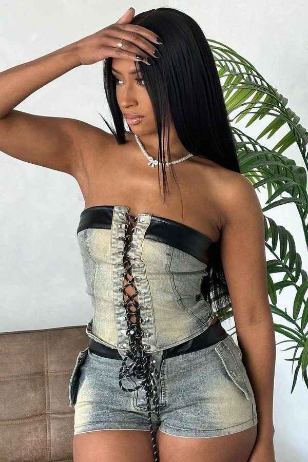 Sexy Lace Up PU Trimmed Two Piece Denim Mini Shorts Set image 0