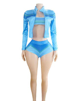 Sporty Zip-Up Crop Jacket & High-Waist Shorts Set - M, Blue image